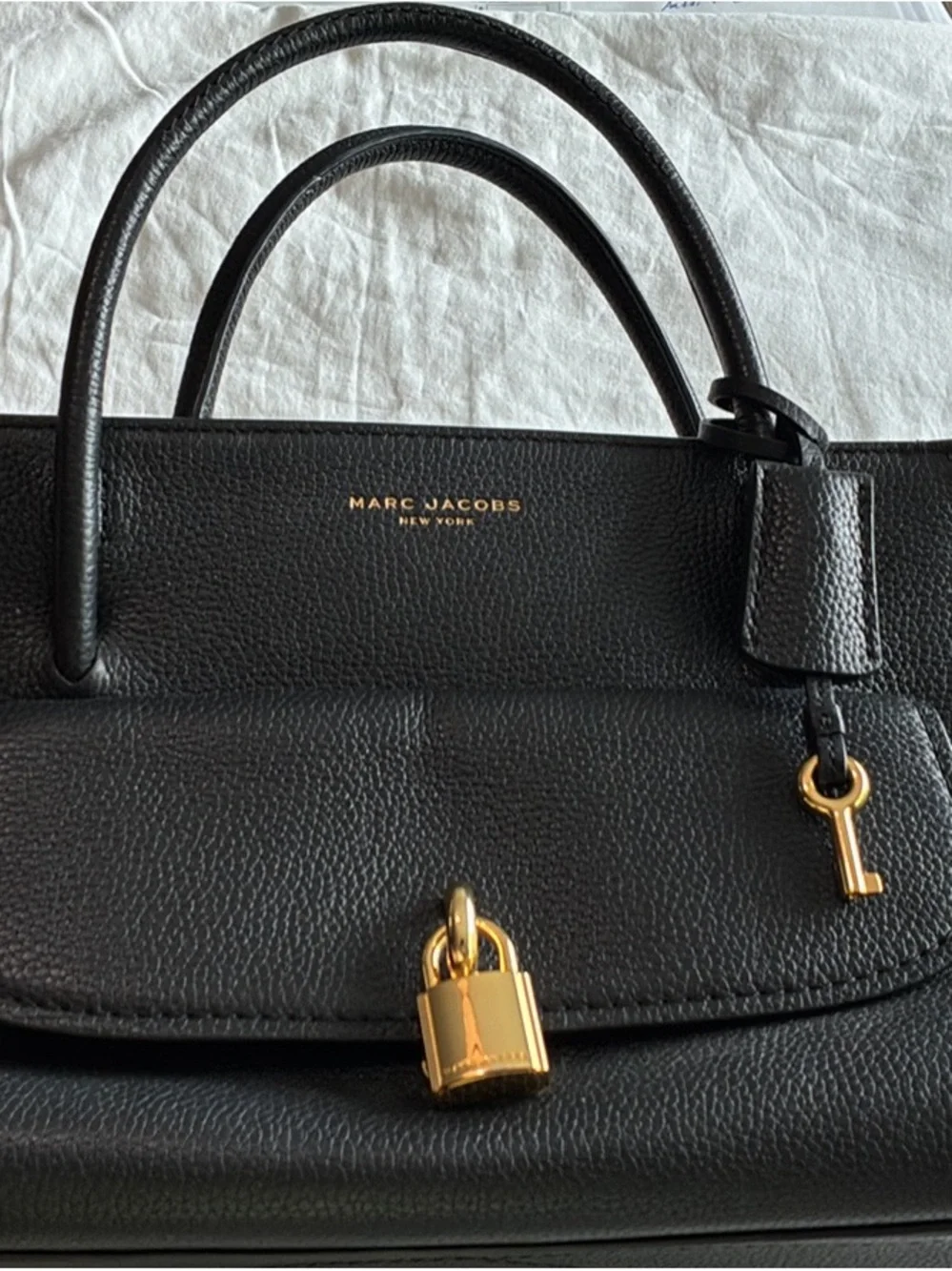 Marc Jacobs Black Pebbled Leather Satchel with Gold Padlock